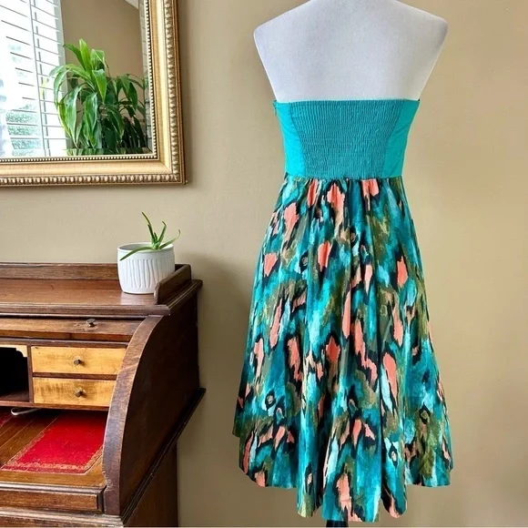 Anthropologie Girls From Savoy Teal Painted Ikat Strapless Dress Southwest Sz 4 - Picture 7 of 15